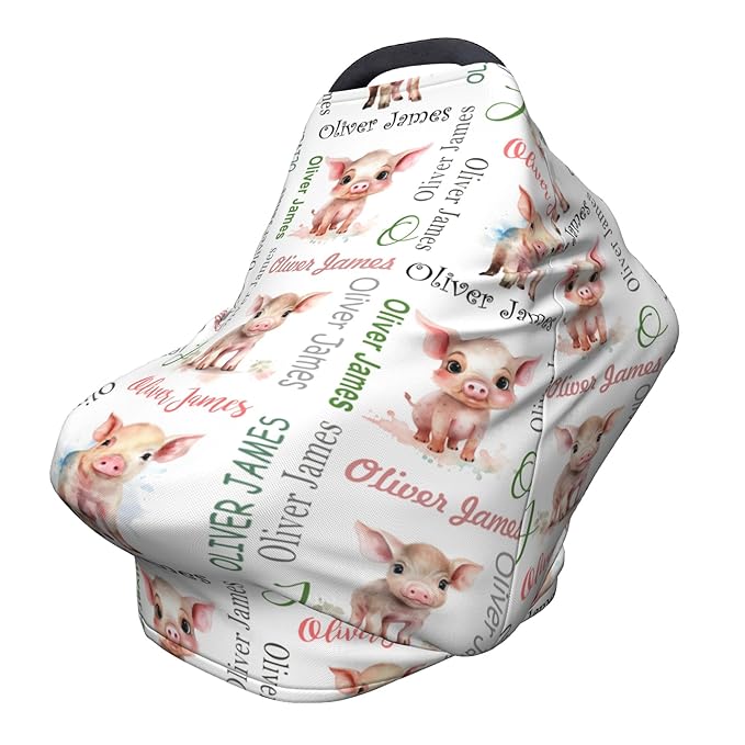 Personalized Car Seat Covers for Babies with Name – Multi-use Breastfeeding Cover Custom Pig Carseat Canopy Cover, Infant Stroller Covers for Boys and Girls