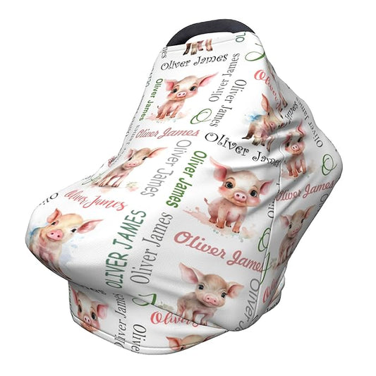Personalized Car Seat Covers for Babies with Name – Multi-use Breastfeeding Cover Custom Pig Carseat Canopy Cover, Infant Stroller Covers for Boys and Girls