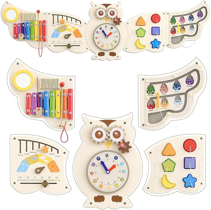 Owl Activity Wall ToysBusy Board, Wooden Montessori Sensory Toys, Learning Activity Center for Playroom,Daycare, Nursery, Classroom, Educational Toys for Toddler