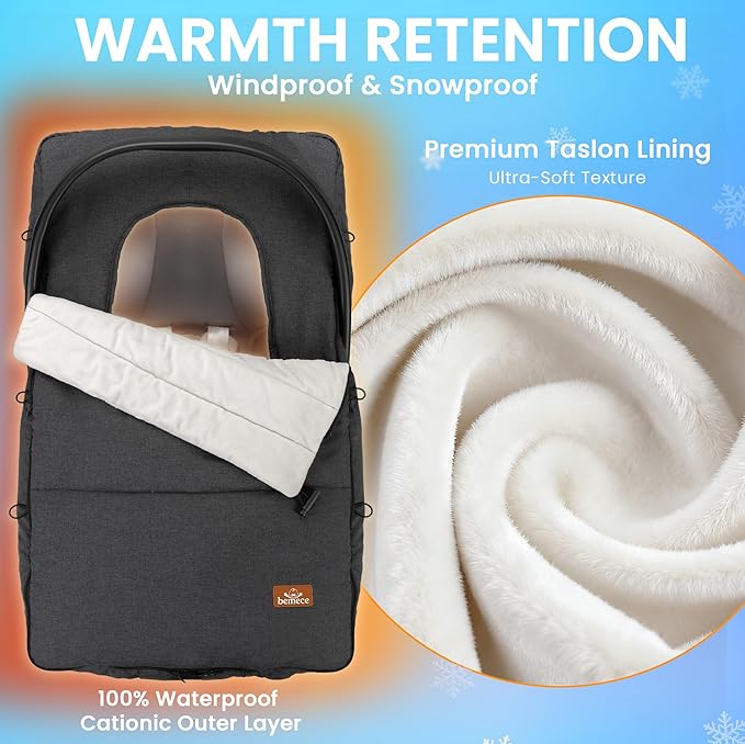 bemece Winter Baby Car Seat Cover, Universal Warm Infant car seat Cover with Zip, Waterproof & Windproof, Machine Washable