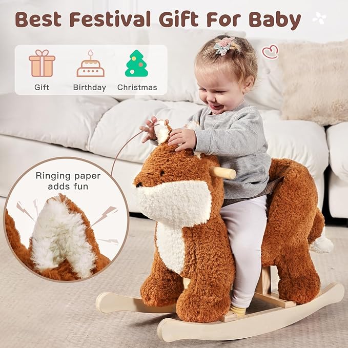 labebe - Baby Rocking Horse, Brownish Red Fox Rocking Horse with Seat Belt, Plush Animal Rocker for Kids, Stuffed Rocker Toy for Children 6M-3 Years Old Girl&Boy