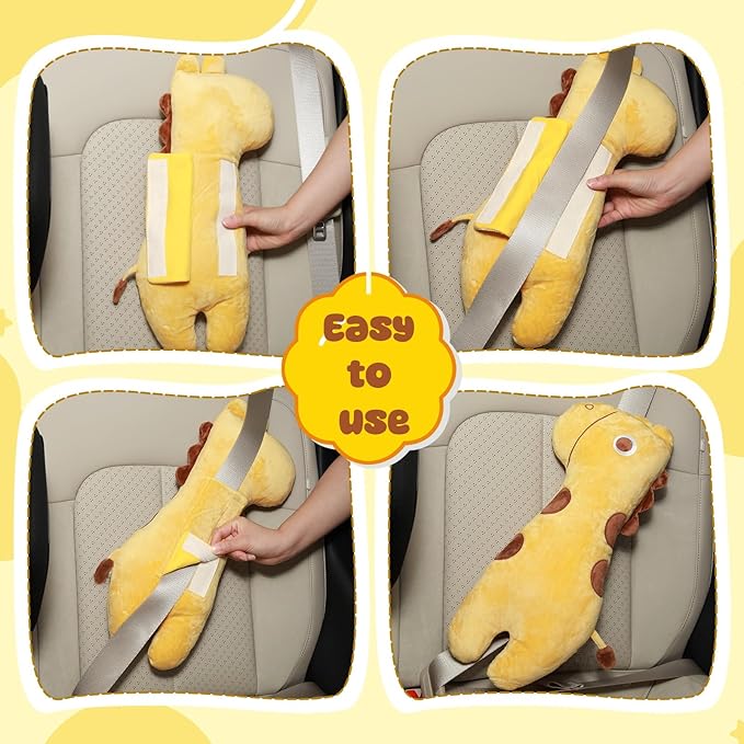 Lenwen 2 Pcs Seat Belt Pillow for Kids Cover for Boys Girls Seatbelt Cushion Pillow for Toddler Car Strap Covers for Travel Sleep Neck Head Support Pad (Yellow,Giraffe)