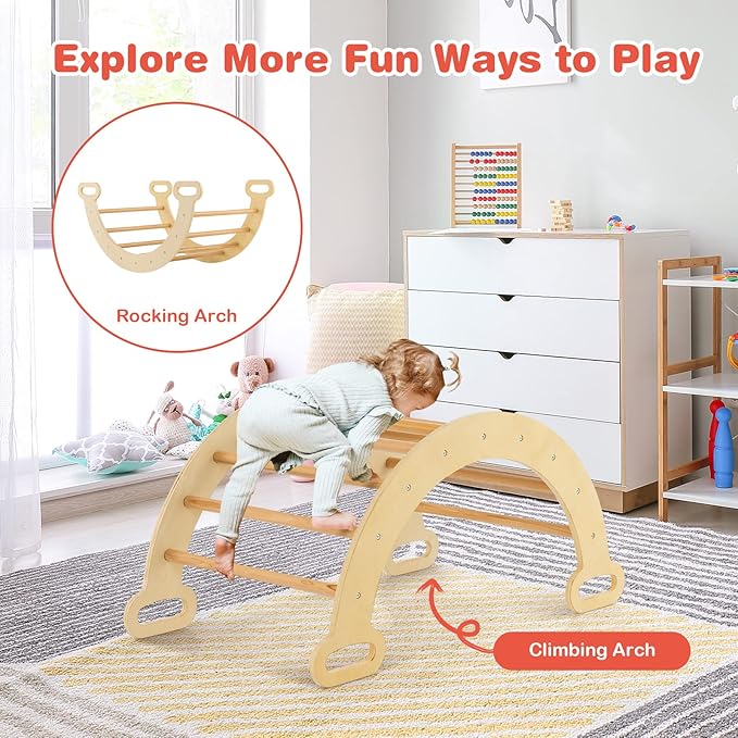 HONEY JOY 5 in 1 Wooden Climbing Toys for Toddlers, Triangle Climber with Ramp for Sliding or Climbing, Indoor Beech Montessori Triangle Climbing Arch Set for Daycare, Gym & Playground, Natural