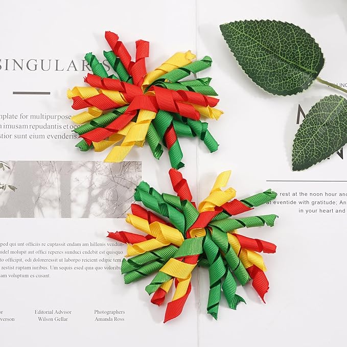 Yxiang 2PCS Korker Bows for Girls 3'' Curly Bow Hair Clip Ribbon Ponytail Bows Alligator Clip Hair Barrette for Girls Toddlers Kids (Red Green Yellow)
