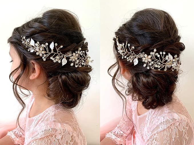 SWEETV Flower Girl Headband for Wedding, Baby Girl Flower Pearl Hair Piece, Gold Headpiece for Birthday Party, Photography