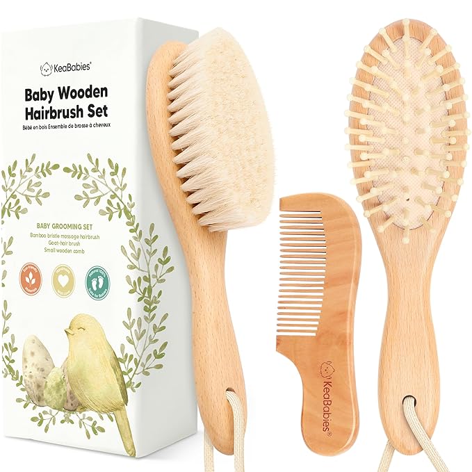 Baby Hair Brush Set for Newborns - Soft Goat Bristle Wooden Baby Brush and Comb Set Newborn Grooming Kit for Cradle Cap, Durable & Gentle, Boy, Girl Infant Essentials Care Kit (Regular, Walnut)