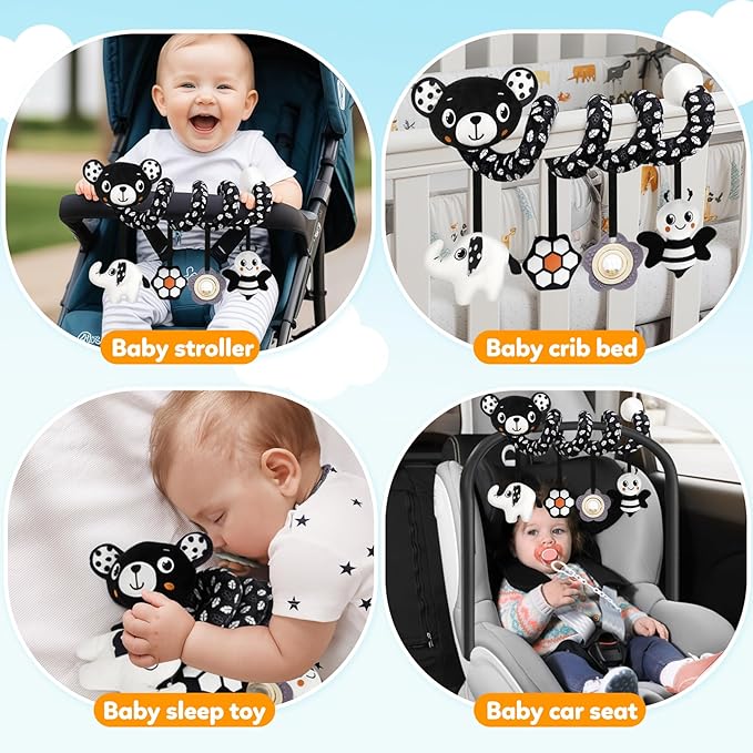 GKDOMS Baby Carseat Toy Black & White Rattle Spiral Hanging Activity Stroller Toy for Newborns Boys and Girls - Bear
