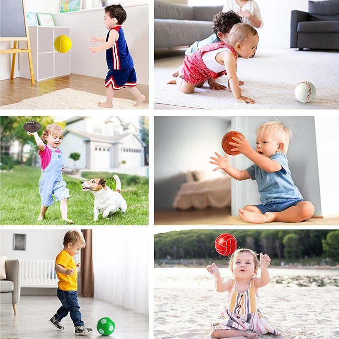 Billeeit Mini Sports Balls Set for Toddler 1-3, Sports Bag for Kids, Include 1 Each of 3.5" Foam Soccer, Tennis Ball, Basketball, Football, Baseball, Volleyball, Fun Baby Ball Toys, Set of 6