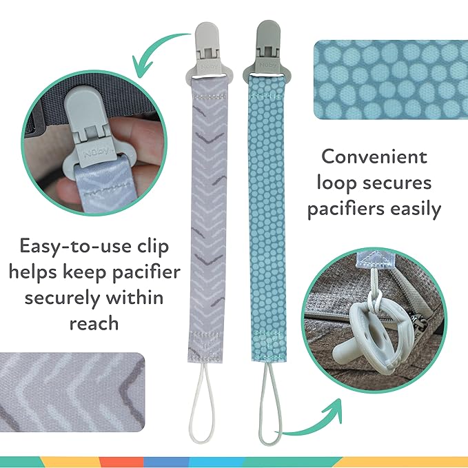 Nuby Pacifinder Baby Pacifier Clip - (2-Pack) - Pacifier Holder Clip with Convenient Hook Loop - Green Dots and Gray Arrows
