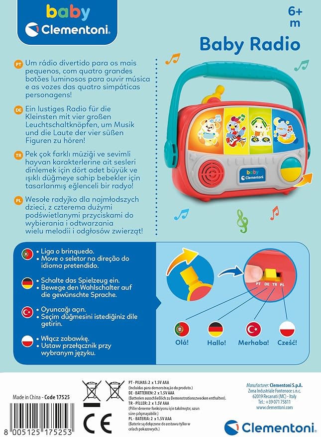 Clementoni Baby Radio - Electronic Music Toy with Animal Sounds, Light & Melodies - Educational Toy to Promote Perception & Motor Skills - For Toddlers from 6 Months - 17525