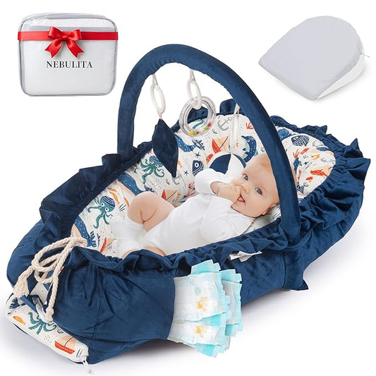 Newborn Lounger Blue - Flexible & Portable w/Infant Support Cushion, Soft & Breathable 100% Cotton - Multi-Use Supervised Baby Lounger for Floor, Travel, Changing Mat Alternative - Premium