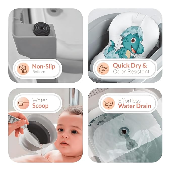 Collapsible Baby Bathtub for Newborn Infant Girl & Boy 0-24 Months, Foldable Portable Bathtub with Thermometer, Heat Sensor, Drain Plug, Water Scoop, Dino Cushion Pillow, Travel Bath Tub for Shower