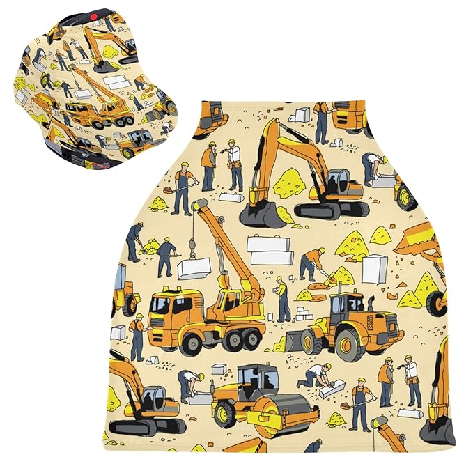 Construction Car Building People Pattern Stretchy Baby Car Seat Cover Infant Canopy Nursing Covers Breastfeeding Cover Breathable Windproof Winter Scarf for Boys Girls