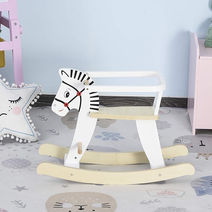 Qaba Wooden Rocking Horse Toddler Baby Ride-on Toys for Kids 1-3 Years with Classic Design & Wood Safety Bar, White