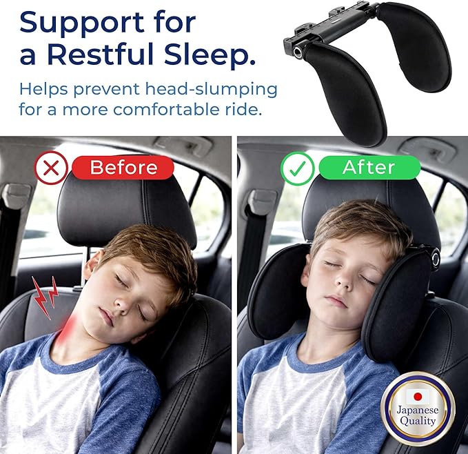Adjustable Car Headrest Pillow, Road Pal Neck Support, Memory Foam U-Shaped Travel Sleeping Pillow for Kids & Adults, Head Neck Support for Car Seat Head Rest with Poles, Black