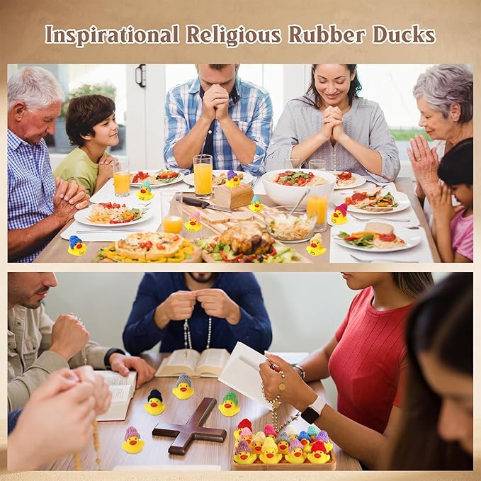 MiniInflat 60 Pcs Christian Mothers Gift Rubber Ducks Bulk with Bible Verses and Knit Hats Church Gifts Mini Religious Inspirational Duck Toys for Graduation Family Women Men Church Party (Yellow)
