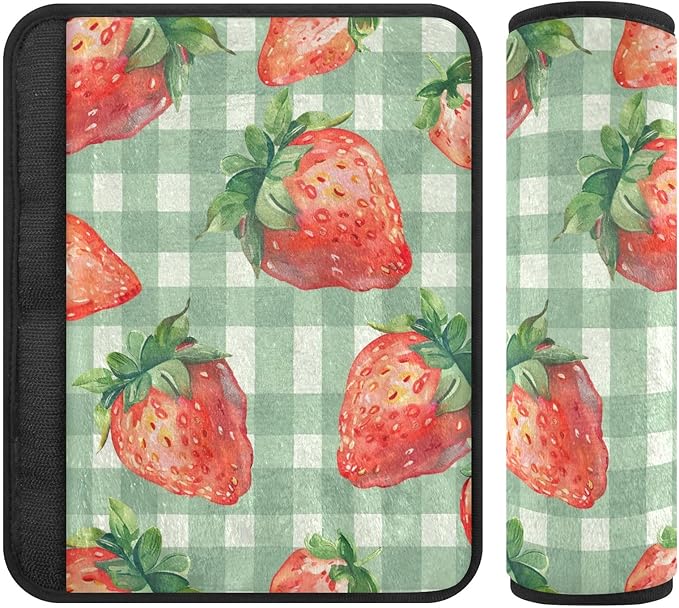 Cute Strawberry on Green Plaids Seat Belt Cover Pack of 2 Car Seat Belt Cushion Soft Seat Belt Shoulder Pad Protect Your Neck and Shoulder