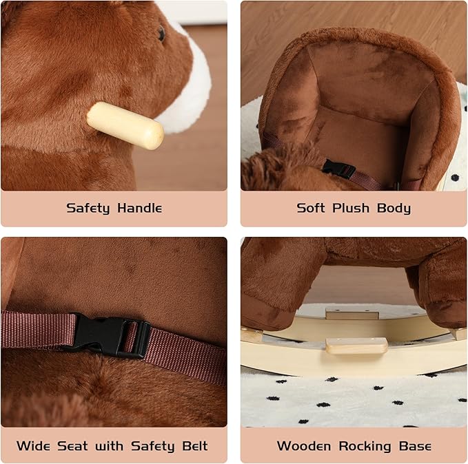 Pony Baby Rocking Horse for Toddlers 1 Years to 3 Years, Stuffed Plush Ride-on Rocking Animal with Realistic Sound and Music, Wooden Rocking Toy with Seat, Brown Horse, CPC Certified