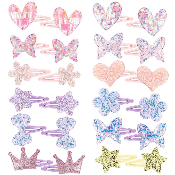 obeoby 24 Pack Toddler Hair Clips for Girls, Star Heart Butterfly Shaped Hair Barrettes Metal Snap Hair Clips Hair Accessories for Baby Girls Holiday Birthday Gifts