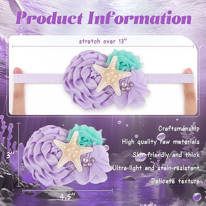 YanJie Mermaid Headbands Baby Girl Bows Starfish Baby Girl Hair Accessories for Party Lavender Headbands Newborn Bows Aqua Glitter Mermaid Accessories