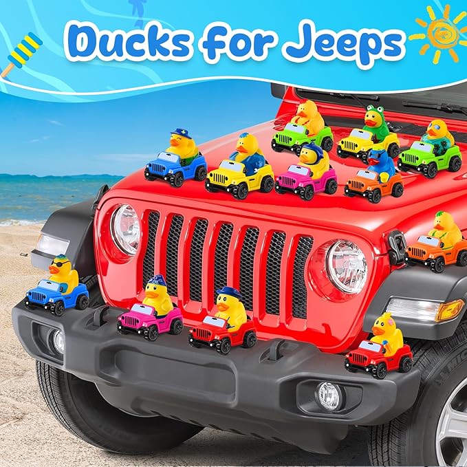 24 Pcs Summer Rubber Ducks for Jeeps, Summer Beach Rubber Ducks, 3.5 Inch Ducks for Jeeps ,2 Inch Ducks for Ducking, 12 Summer Ducks with 12 Cars, Summer Party Favors Gifts Swimming Pool Water Toys
