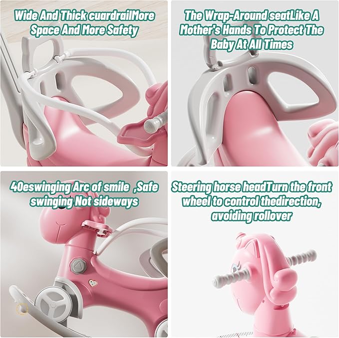 Runboll 4 in 1 Rocking Horse for Toddlers, Baby Rocking Toy with Push Handle, Backrest & Detachable Balance Board, Riding Horse Toy for Baby Girl and Boy, 1-3 Years Old Kids Riding Birthday