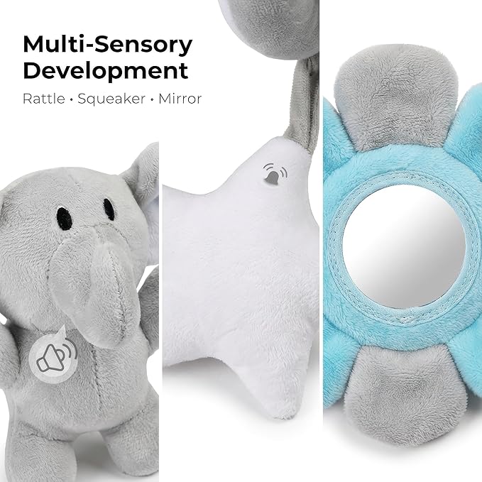 Car Seat Toys Spiral Hanging Elephant, Baby 0-6-12 Months Newborn, Carseat Hanging for Stroller Toys & Crib Hanging, with Rattle BB Squeaker Mirror, Baby Car Seat for Babies Boy Girl