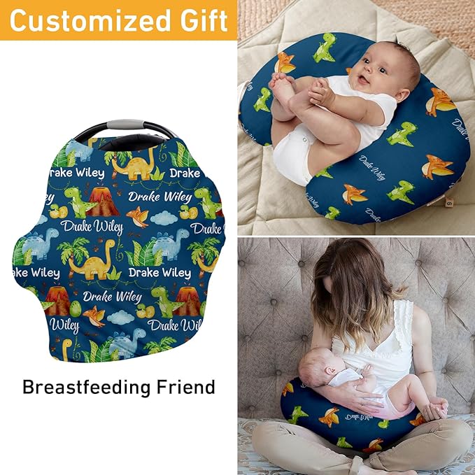 Personalised Car Seat Cover for Babies - Dark Green Horse Print Multi-use Carseat Canopy Cover with Name, Car Seat Covers, Birthday Gifts for Infant Boys and Girls (27"x29")