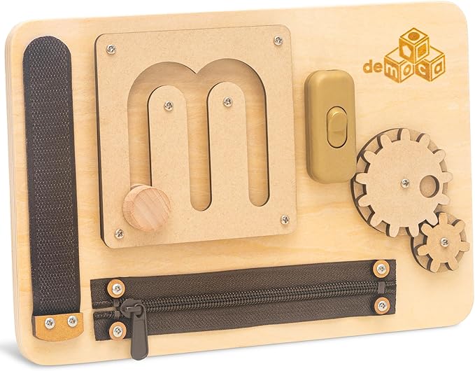 deMoca Sensory Busy Board for 1 Year Old, Travel Wooden Montessori Busy Board for Toddlers 1–3, Switch and Fidget Activity Board for Early Motor Skills and Travel Play