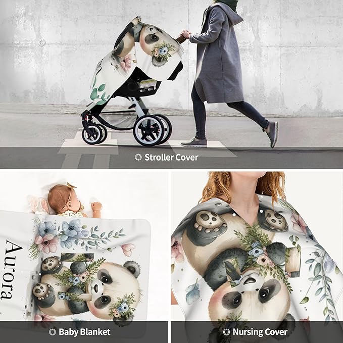 Personalized Winter Carseat Cover for Baby Custom Name Car Seat Canopy for Newborn Baby Boys Girls 2 in 1 Mom Nursing Breastfeeding Covers Panda Minky Baby Carrier Stroller Covers