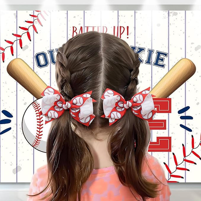 YanJie 2pcs 4'' Baseball Red Bow for Baby Girl Hair Clips Softball Grosgrain Ribbon Hair Accessories Alligator Clips for Toddler Teen Girls
