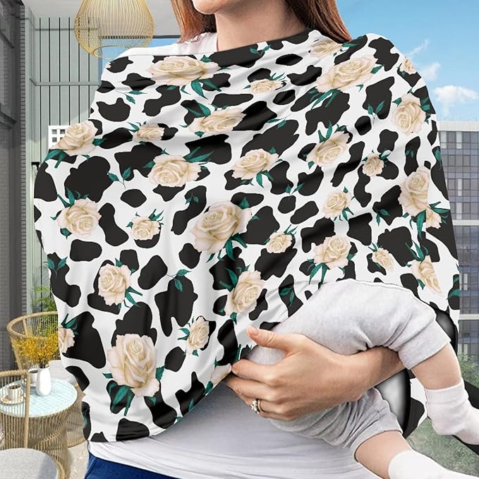 LedBack Flower Cow Print Stretchy Car Seat Cover for Babies,Nursing Cover Breastfeeding Cover,Soft Breathable Baby Carseat Canopy