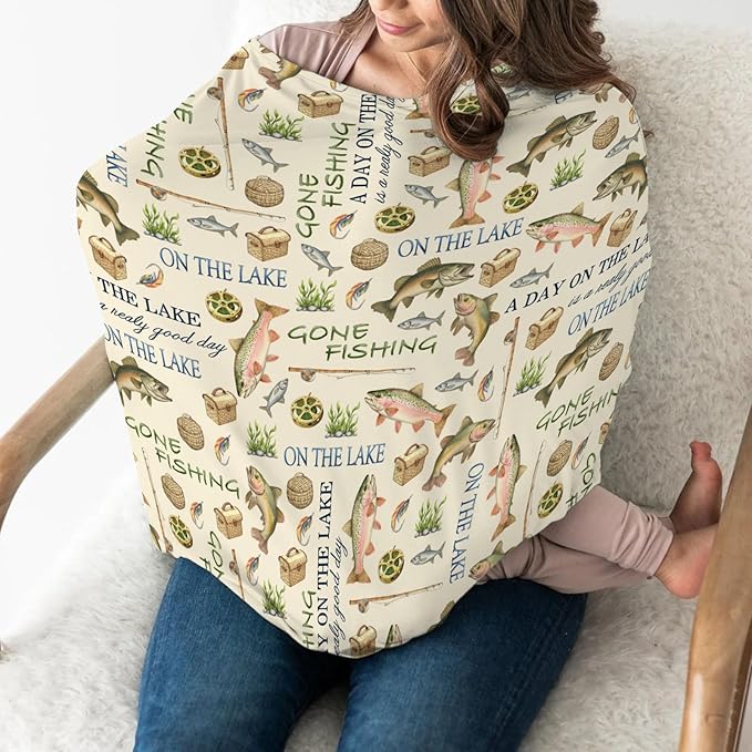Gone Fishing Car Seat Cover for Babies Vintage Lake Fishing Lovers Gift Stretchy 5-in-1 Covers Adjustable Car Canopy Cover Vacation Outdoors Adventure Breathable Nursing Cover-Up