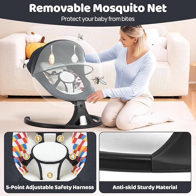 Baby Swing for Infants, Modern Infant Swings with Bluetooth & Remote Control, 5 Speed Motions, 12 Soothing Sounds, Portable for Newborns (Max 20 lbs Black)