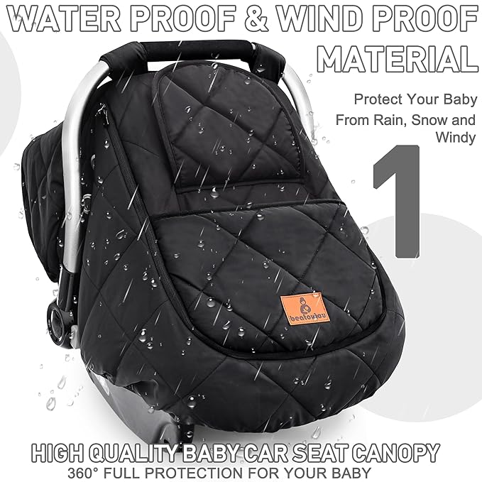beatoutou Winter Baby Car Seat Cover, Beatoutou Waterproof Winter Infant Carseat Canopy for Boys Girls, Cold Weather Warm Car Seat Covers for Babies, Keeps Babies Warm and Cozy (Black)