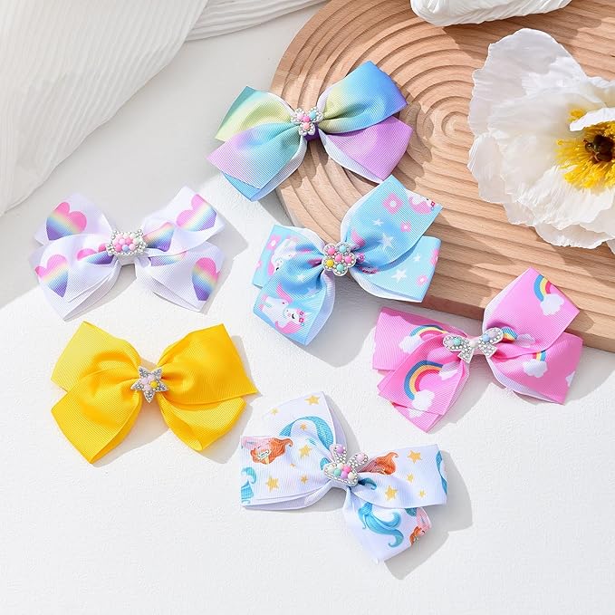 5 Inch Hair Bows for Girls Colorful Rainbow Little Girls Hair Bow With Alligator Clips for Toddlers Children Kids 12 Pcs