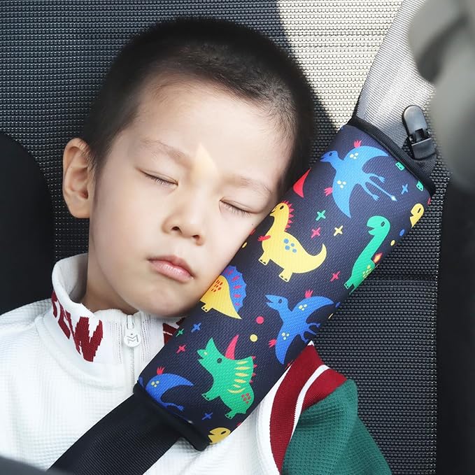 Car Seat Belt Pillow for Kids with Clips,Seat Strap Belt Covers Pad Cushion,Car Seatbelt Cover Pillows for Toddlers(Dinosaur Black)