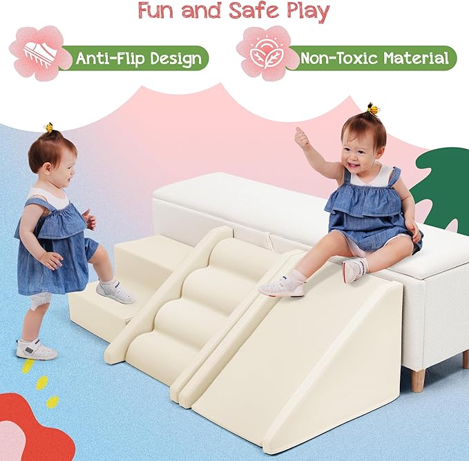 Merax Indoor Climbing Toys for Toddlers, 9-Piece Foam Climbing Blocks Climb & Crawl Tunnel Soft Play Set (9-Piece Cream)