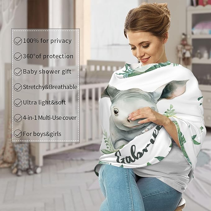 Personalized Car Seat Covers for Babies with Name – Multi-use Breastfeeding Cover Custom Rhinoceros Carseat Canopy Cover, Infant Stroller Covers for Boys and Girls
