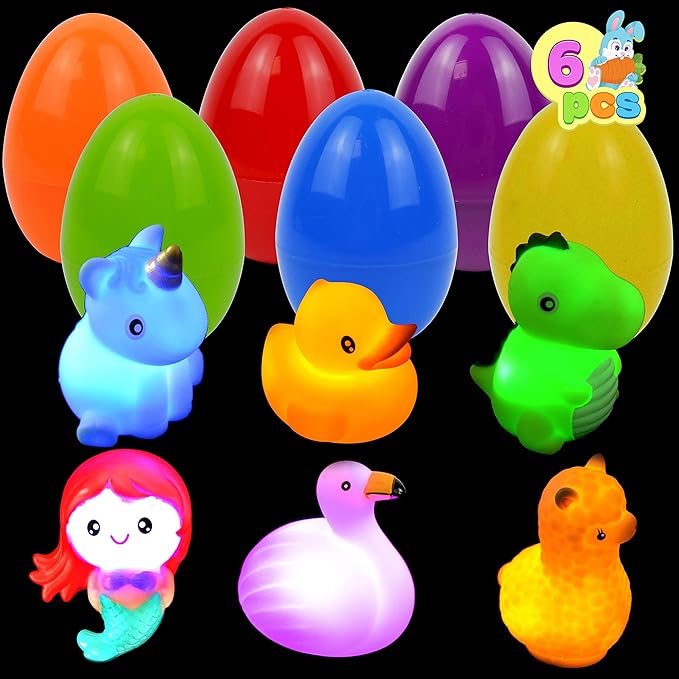 JOYIN 6 Pcs Pre-Filled Easter Eggs with Light-up Floating Bath Toys for Kids Toddler Eggs Hunt, Basket Stuffers/Fillers, Filling Treats, Party Favor, Classroom Prize Supplies