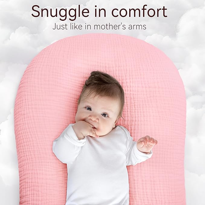 Muslin Baby Lounger Cover 1 Pack, Cotton Soft Breathable Infant Nest Slipcover, Envelope Closure, Compatible with Snuggle Me Loungers, Machine Washable, Cover Only, for Girls Boys(Pink)