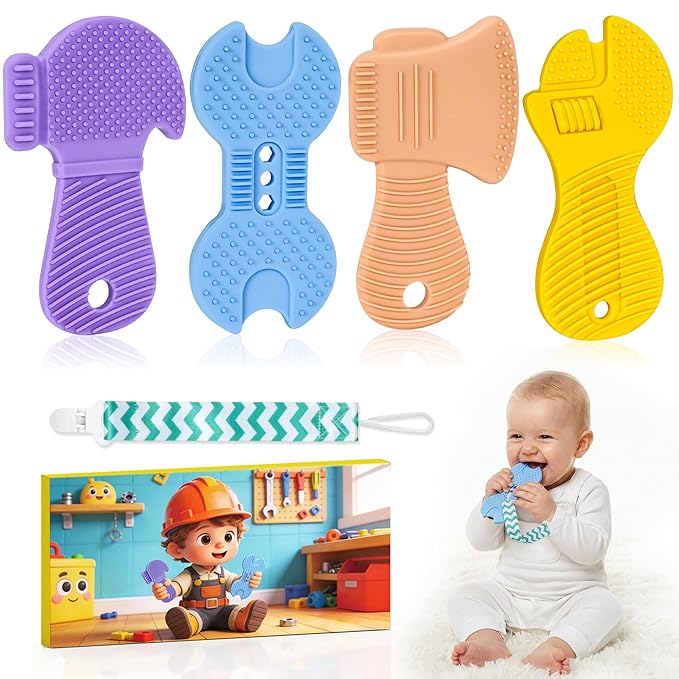 Baby Teething Toys, 4 Pack Silicone Baby Teether Toys with Pacifier Clips, Tool Shape for Babies 0-6 6-12 Months, Multi-Texture Gum Massage Teething Relief, Easy Grip for Newborn Infant Toddler