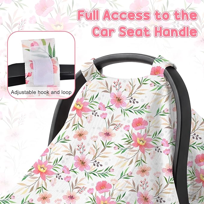 Car Seat Cover Baby, 100% Muslin Cotton Infant Car Seat Canopy, Universal Baby Car Seat Cover, Breathable Nursing Cover Canopy Shower Gift Floral