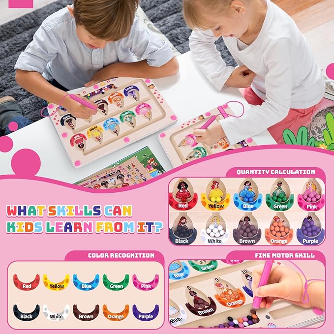 Uiseba Princess Mini Magnetic Color and Number Maze Montessori Toy for Ages 3 4 5, Toddler Busy Board, Educational Preschool Learning Activities, Ideal Christmas & Birthday Gift for Girls and Kids
