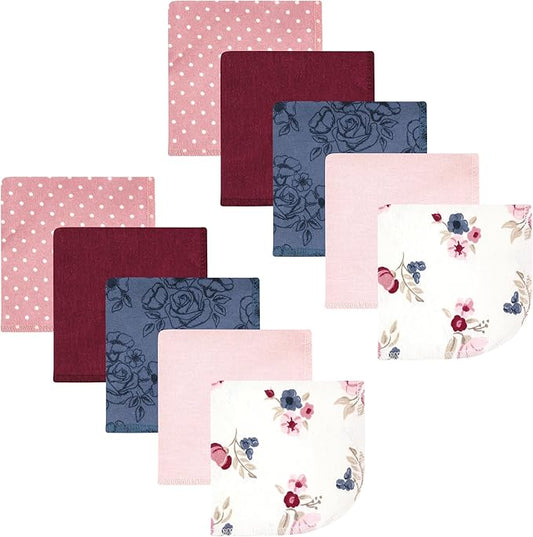 Hudson Baby Unisex Baby Flannel Cotton Washcloths, Dusty Rose Floral 10 Pack, One Size
