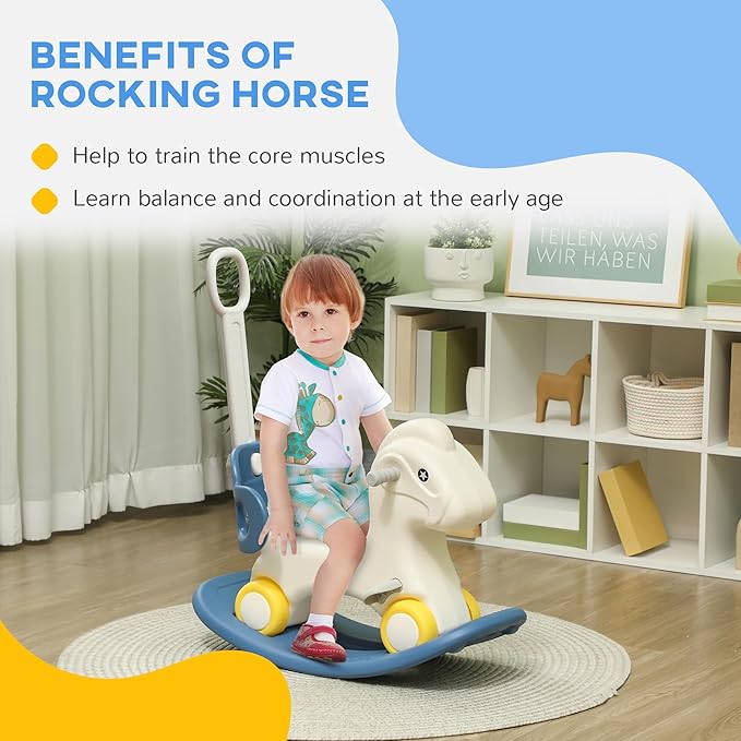 Qaba 4-in-1 Rocking Horse for Toddlers 1-3 Years, Baby Rocking Horse with Detachable Balance Board and Push Handle, Horse-Shaped Ride On Toy with 4 Smooth Wheels, for Baby Girls and Boys, Blue