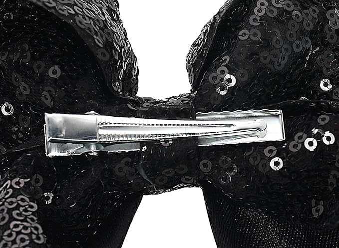 6 Inch Black Sparkly Glitter Sequin Hair Bows for Girls Toddlers Kids Children Teenage (2PCS)
