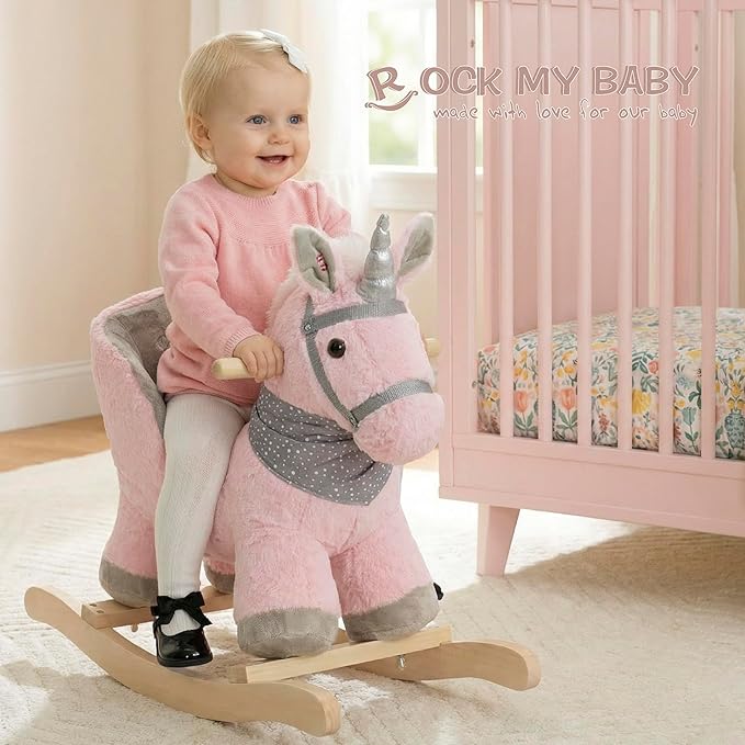 Baby Animal Rocker, Rocking Horse with Seat, Ride on Horse, Plush Rocking Horse with Unicorn Music, Wooden Rocking Horse for Toddlers 1-3, (Pink Unicorn), CPC Certified