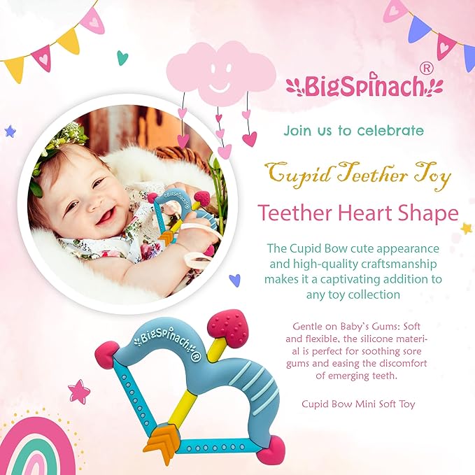 BIGSPINACH Teethers Heart Shape Silicone Baby Teether Toy Easy for Little Hands to Hold,Cupid Bow and Arrow Soft Teething Toy for Infants,Valentine's Gift for Girl or Boy (Blue)