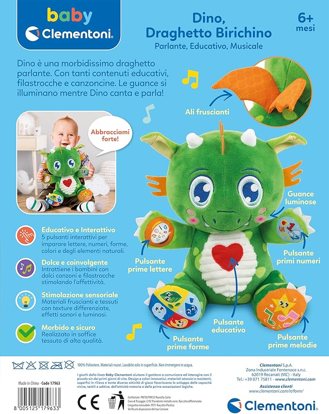 Clementoni Baby Dino Dragon Birichino, Plush Animal for Newborns from 6 Months, Play for Childhood, Learns Words, Colours, Numbers and Shapes, Stimulates Multisensory Development,